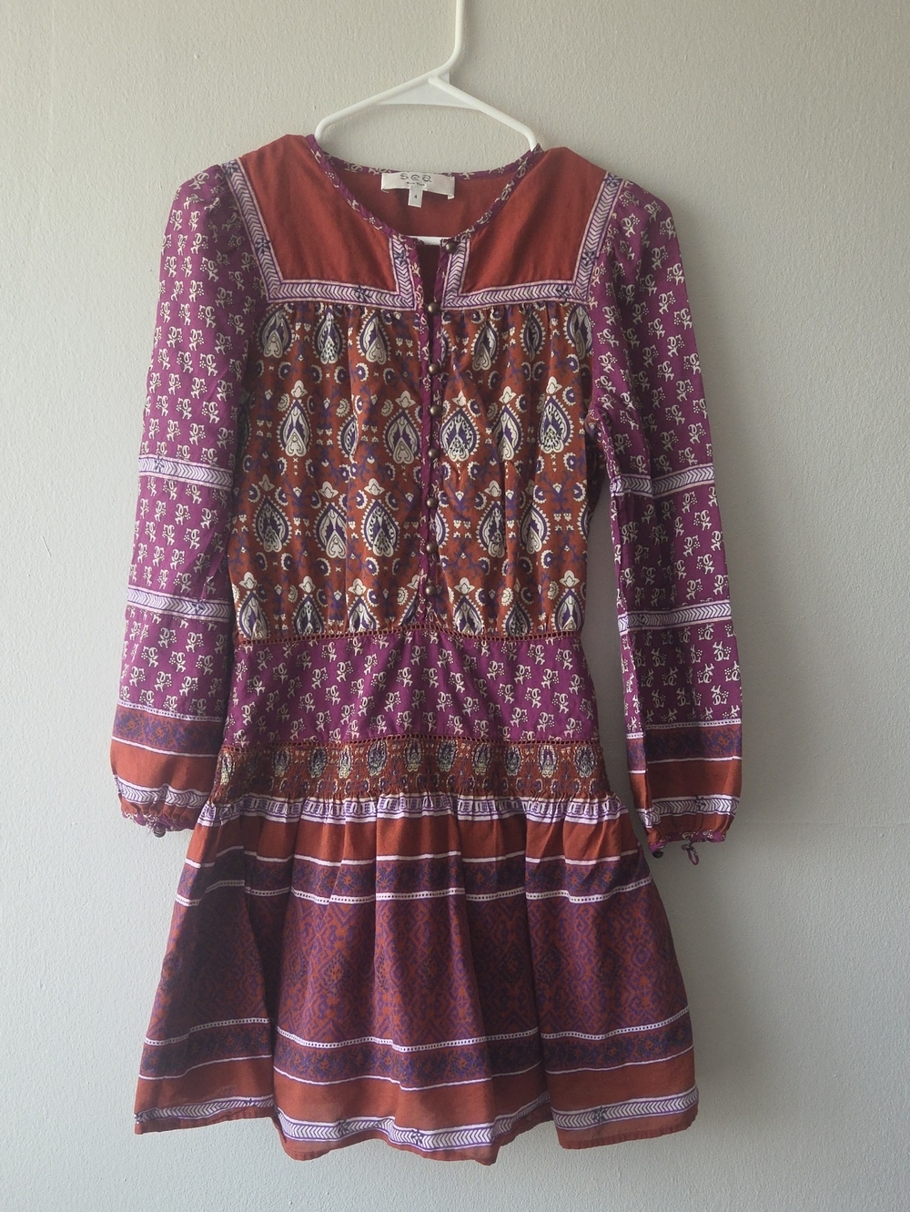 Sea New York Burgundy and Rust Paisley Tiered Long-Sleeve Dress